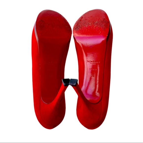 YSL Yves Saint Laurent Tribute Tribtoo 105 Red Suede Platform Pumps 👠 - Picture 9 of 9